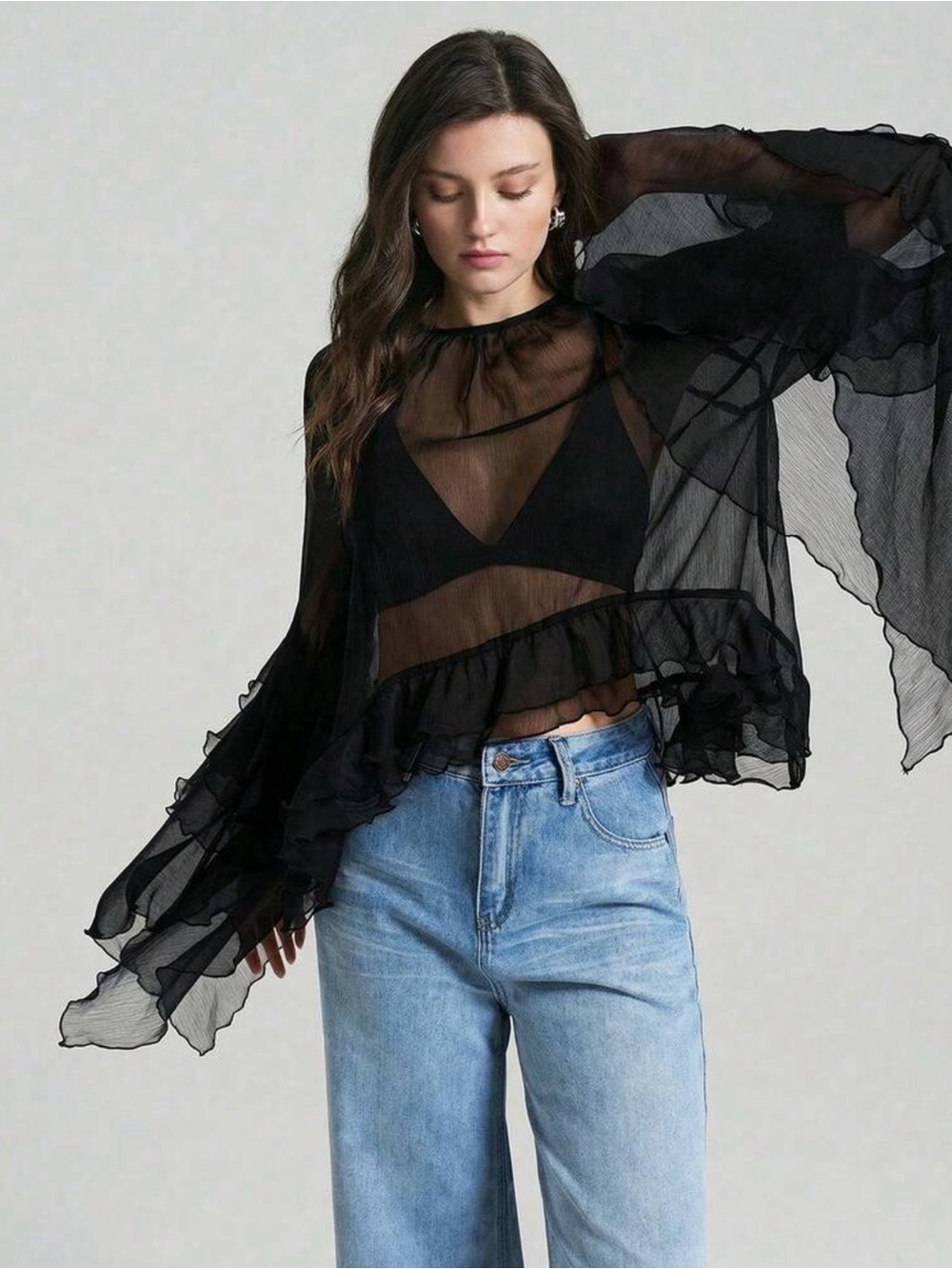 SHEIN Black Sheer Ruffle Long-Sleeve Blouse